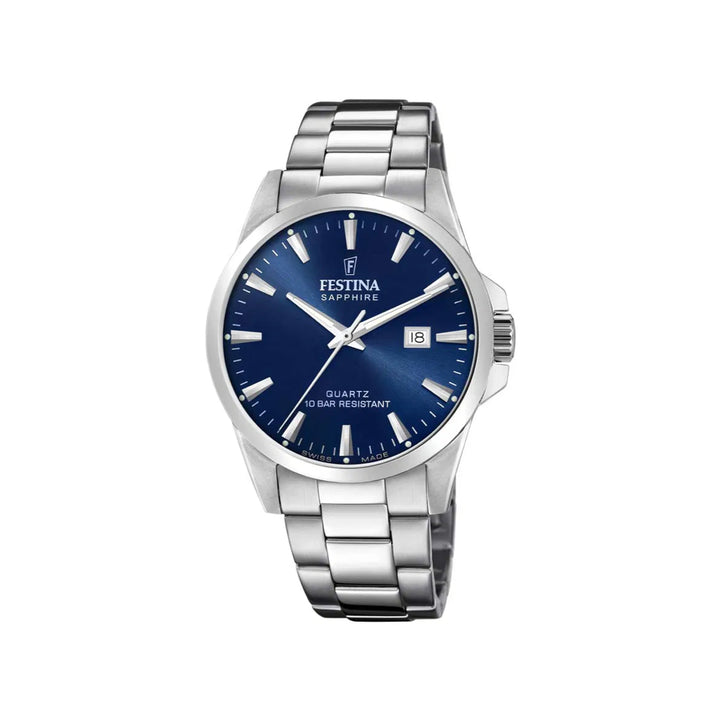 Festina Swiss Made Herreur F200243 med blå urskive og sølvfarvet stållænke vises fritlagt. Model F200243-1.