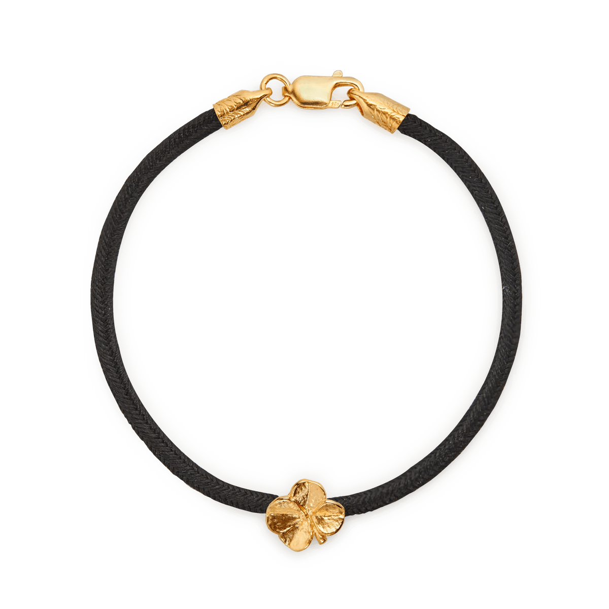 Flora Danica firklover silke armbånd sort med forgyldt kløverdetalje og lukning, Model 907-flc-silk-black-g-001-1.