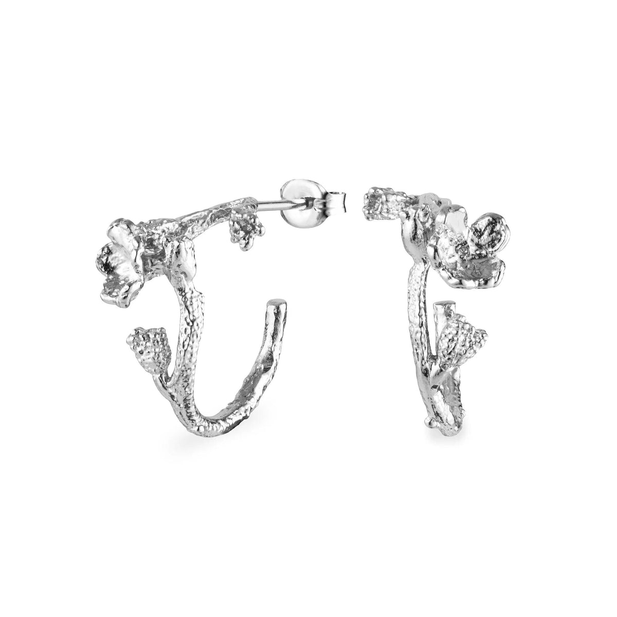 Flora Danica Forglemmigej Hoop sølv creoler med blomsterdetaljer og organisk overflade, Model 907-fmn-hopc-s