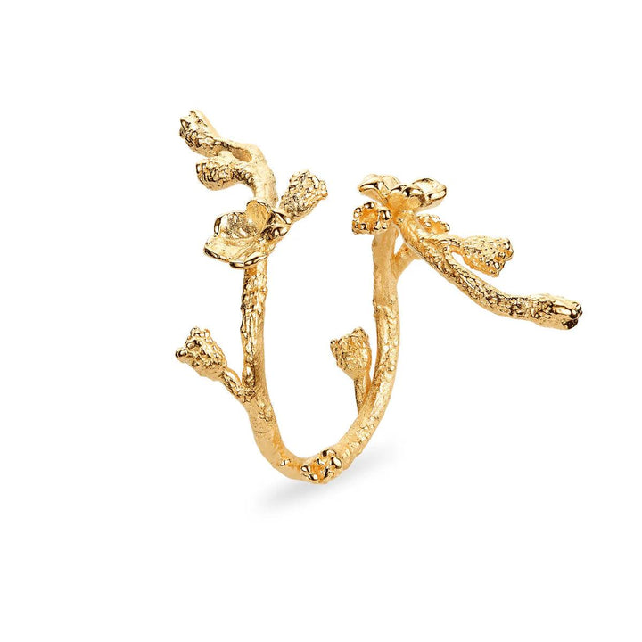 Flora Danica Forglemmigej Statement Ring i forgyldt organisk design, synlig som åben blomstergren, Model FMN-STRI-G-001-1