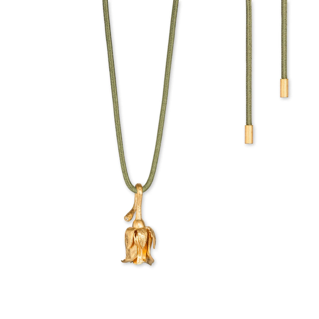 Flora Danica Rose med silkehalskæde, detaljeret guldblomst ved grøn silkesnor. Model 907-ros-silkne-g-1