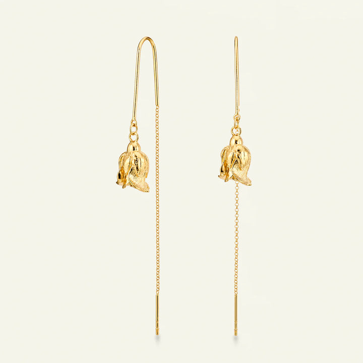 Flora Danica Rose ørehængere forgyldt med detalje af rosenknop og lang kæde, Model G-1