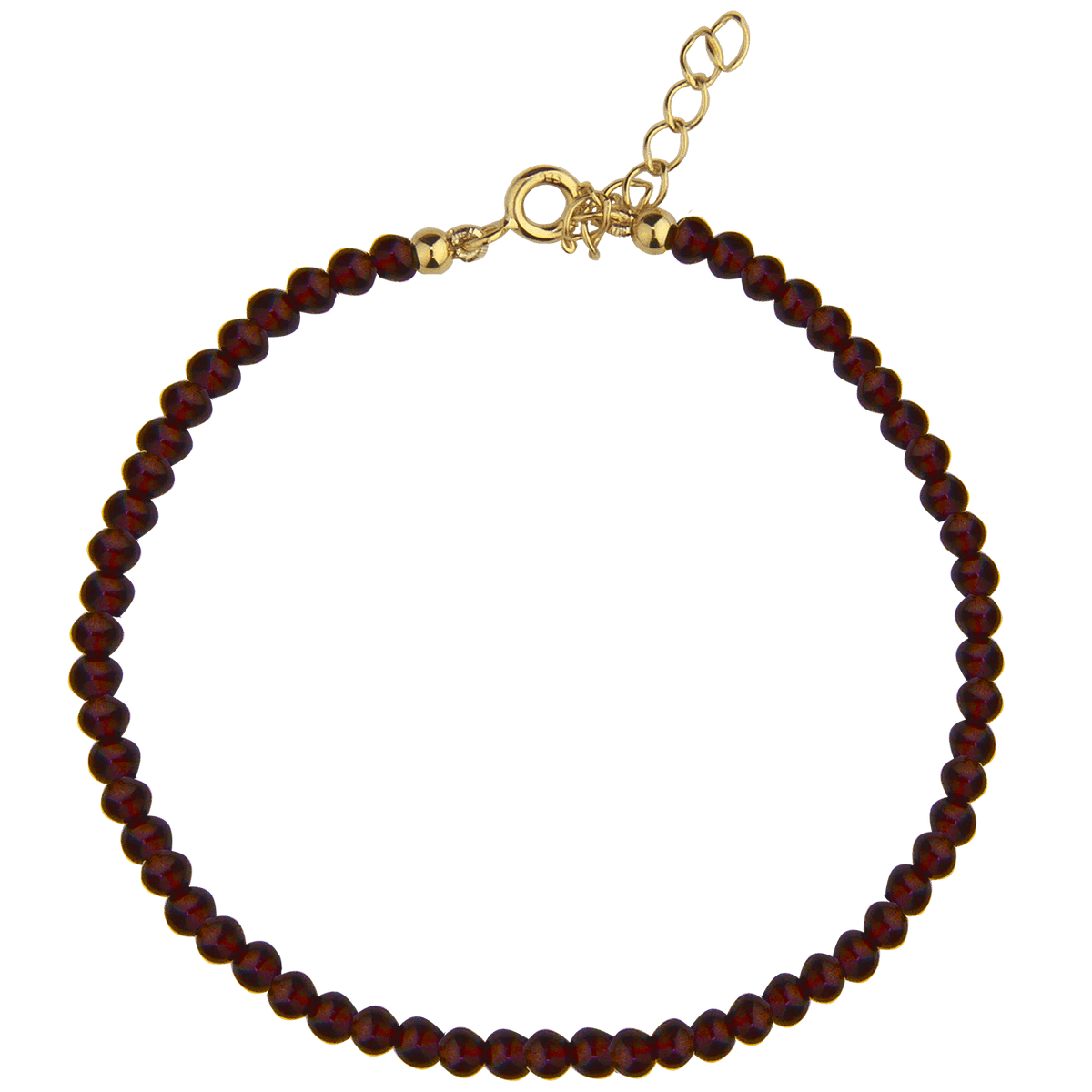 jeberg-jewellery-rouge-noir-garnet-armband-i-forgyldt-solv fremviser et enkelt armbånd med dybrøde granatperler og justerbar kæde. Model70090-1