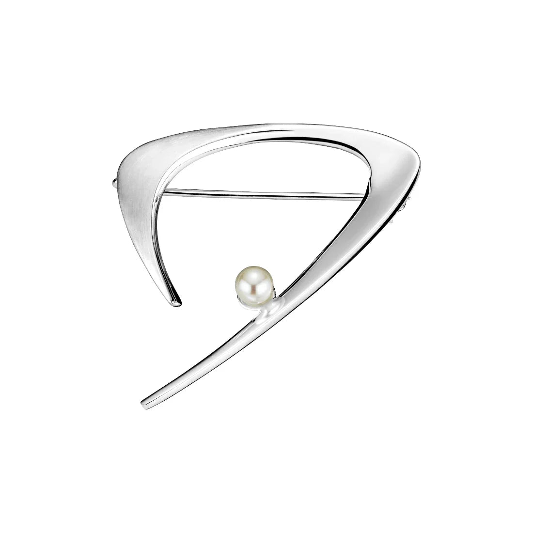 Lund Copenhagen sølv broche med perle, elegant trekantet design i blankt sølv med hvid perle. Model 9041134-33-1