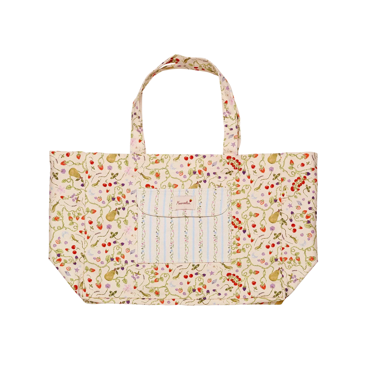 maanesten-big-canvas-tote-garden-magic-ivory viser stor beige mulepose i kanvas med farverigt blomstermønster og frontlomme. Model 4122-1