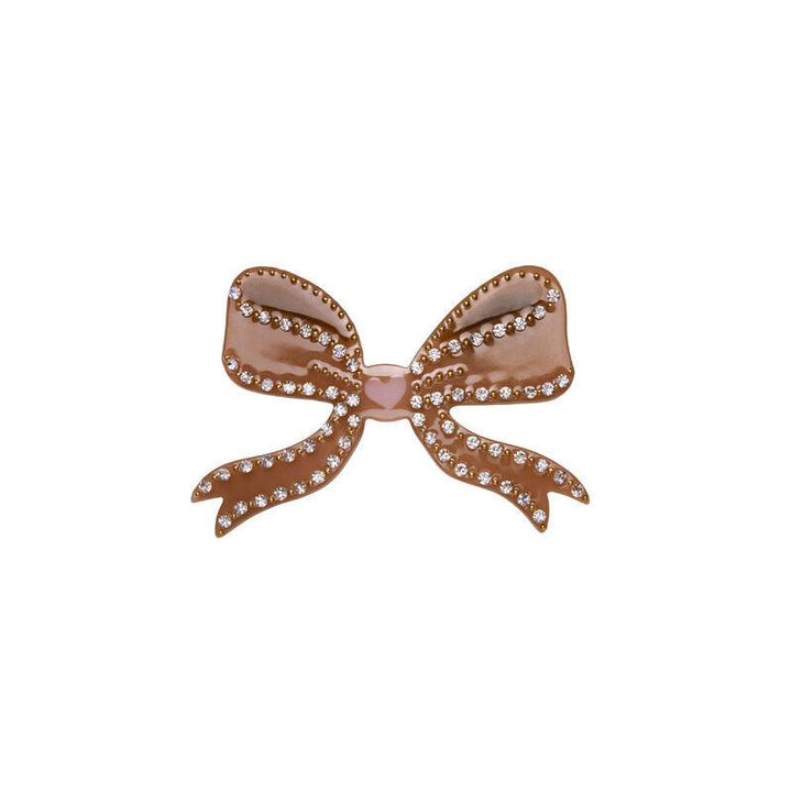 Maanesten Bow Hair Clip Mocha viser en brun hårklemme i sløjfeform med glitrende sten. Model 4012-onesize.