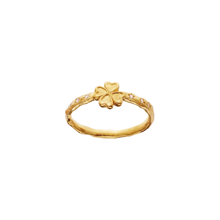 Maanesten Clover Ring forgyldt m firkløver og zirkonia, detalje af guldring med firkløver, Model 4881a-001