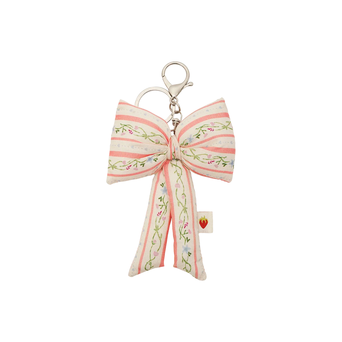 Maanesten Fabric Bow Nøglering Summer Stripes Peach, stor sløjfe i rosa og hvide striber med blomster, Model 4112-1