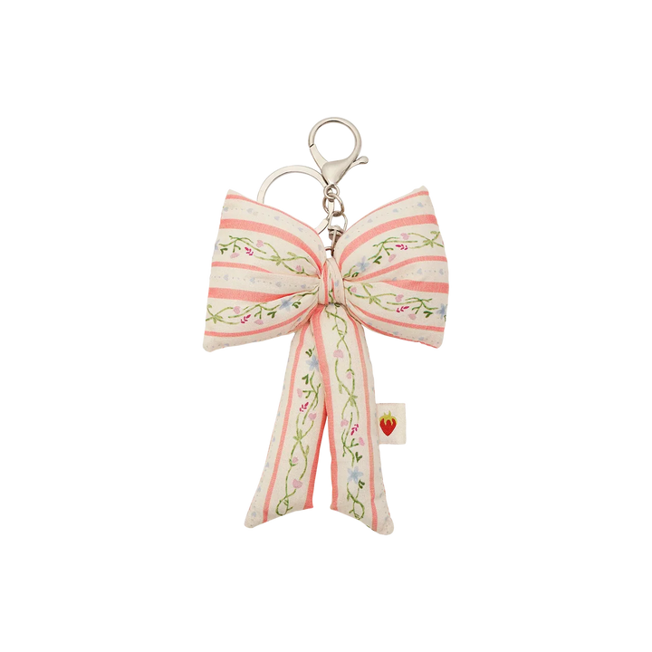 Maanesten Fabric Bow Nøglering Summer Stripes Peach, stor sløjfe i rosa og hvide striber med blomster, Model 4112-1