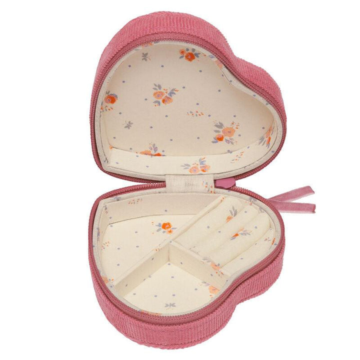 maanesten-heart-jewelry-box-pink-smykkerskrin i lyserød tekstil, åbent med blomsterforet indvendigt. Model 4103-2