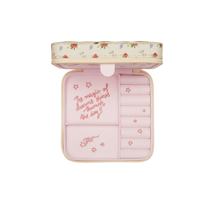 maanesten-jewelry-box-roses-and-shells-4062-2, lyserød smykkeæske med blomsterprint, åbent låg, Model 4062-2