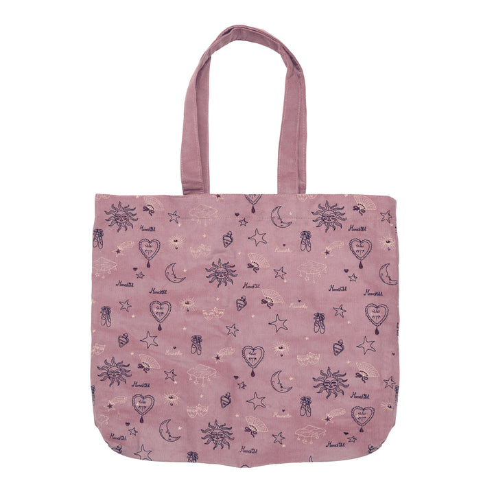 Maanesten Magic Corduroy Totebag Theatre Magical Purple med lilla fløjl og magiske motiver, Model 4102-1