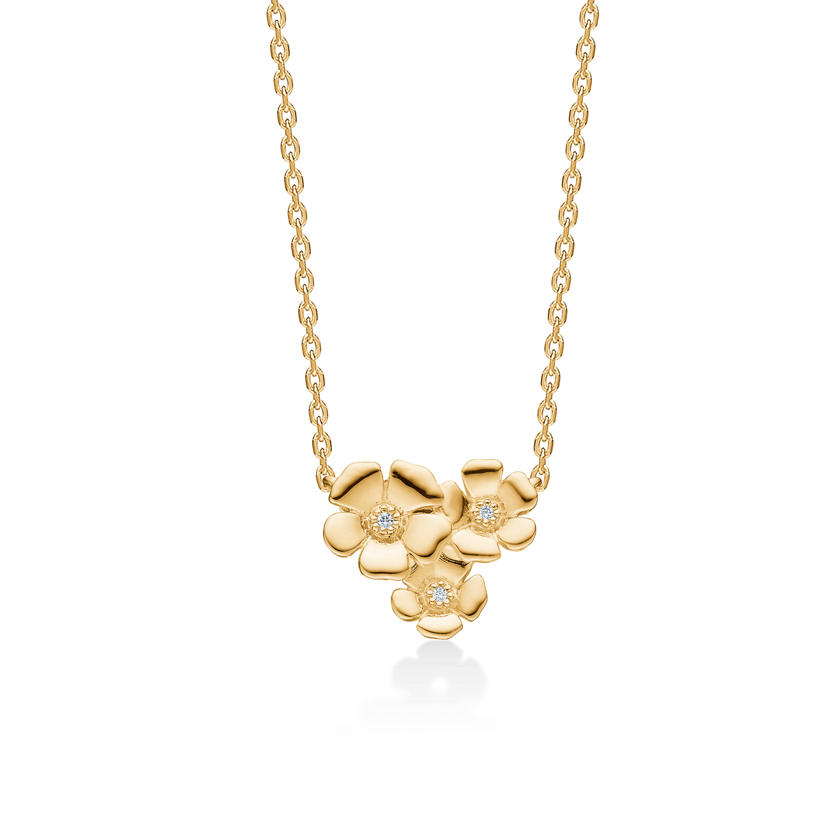 Mads Z 14kt Fleur halskæde med tre blomster i guld og små diamanter, Model 1521108-1.