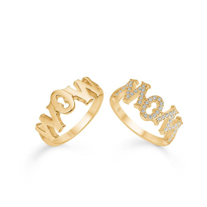 Mads Z 14kt MomWow ring i blankt guld og guld med sten, to varianter set forfra. Model 1540097-001