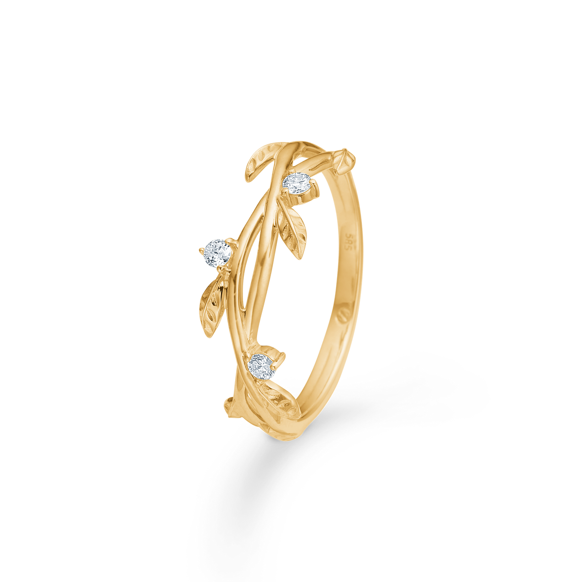 Mads Z Aura 14kt guld ring med tre diamanter og blad detaljer, elegant stil. Model 1541102-001