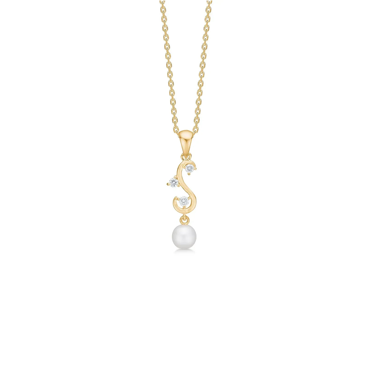 Mads Z Isaline 14kt guld vedhæng med diamanter og perle, elegant design på kæde. Model 1533190