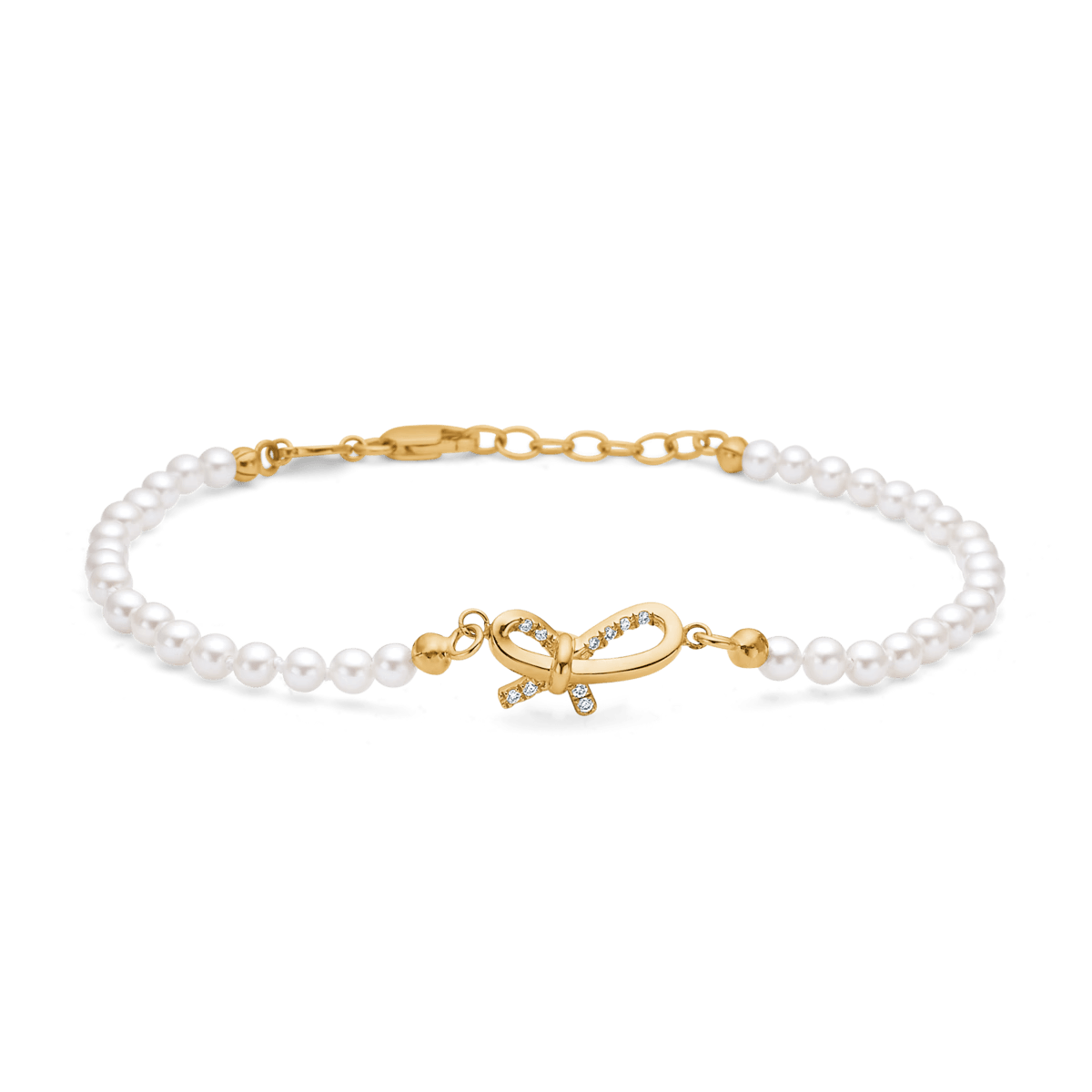 Mads Z Miss Butterfly sløjfe perlearmbånd med hvide perler og guld samt diamanter. Model 1553030