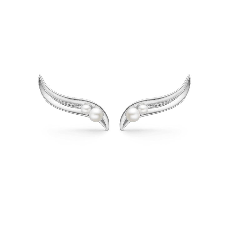 Mads Z Sølv Morning Dew øreringe vises som et par buede sølvøreringe med perledetaljer, Model 2113087-1.