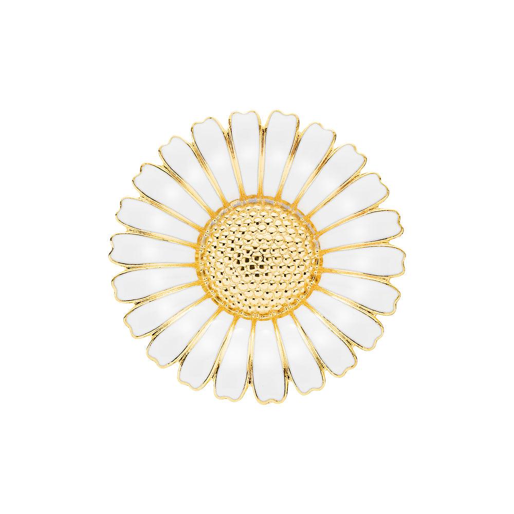 Marguerit broche forgyldt 43mm med hvid og guld farve, blomsterformet smykke. Model 904043-M