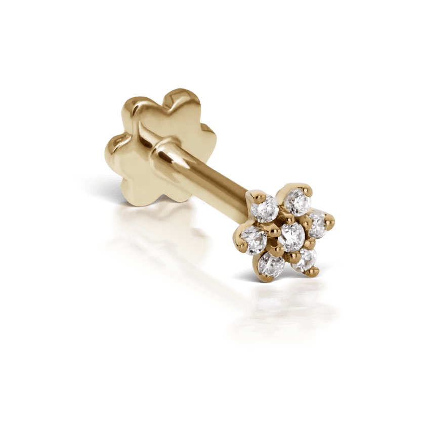 Maria Tash Diamond Flower Treaded Stud Earring 3mm i guld med små diamanter, blomstret detalje. Model xfld-yg-w3-001-1.
