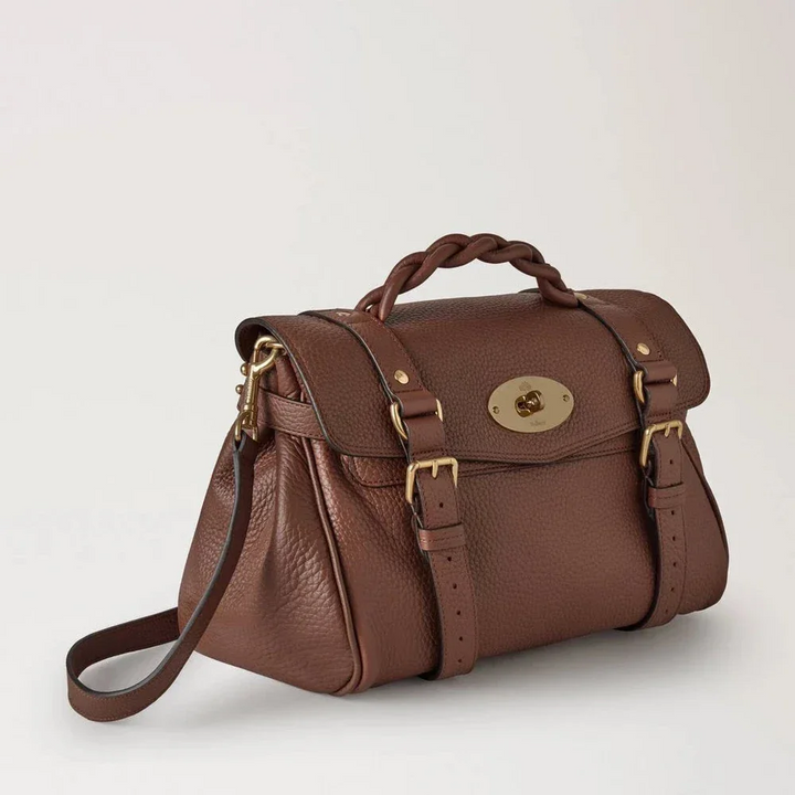 Mulberry Alexa Heavy Grain Bright Oak håndtaske i brunt læder med flettet hank, Model HH6746/736G222.