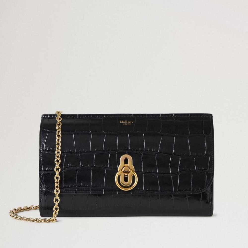 Mulberry Amberley Clutch Black Shiny Small Croc, elegant sort clutch i blankt krokodillepræget læder med guldkæde og drejelås. Model RL8191641A100.