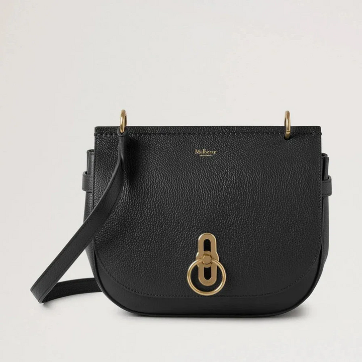 Mulberry Amberley Satchel Small Classic Grain Black, skuldertaske i sort læder med guldfarvet spænde, Model HH9799205A100