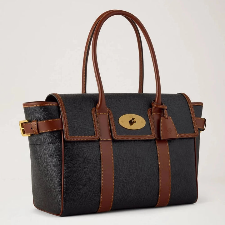 Mulberry Bayswater Black and Cognac Bio-Based Scotchgrain håndtaske i sort og cognac med guld-detaljer. Model HH0014127A340