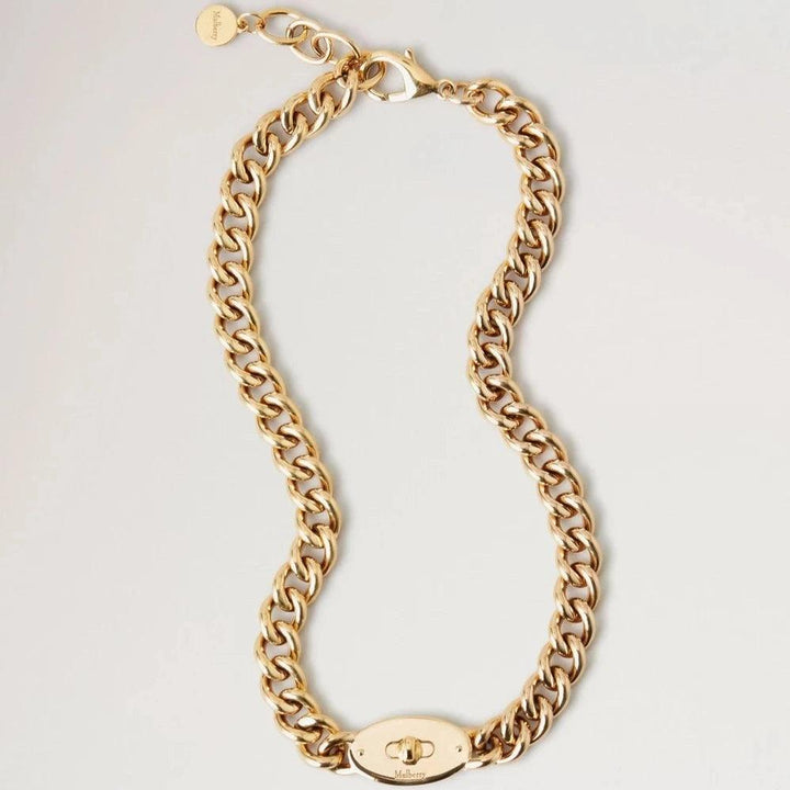 Mulberry Bayswater Chunky Chain Necklace i guldfarvet metal med lås og gravering, Model qn2355000p140.