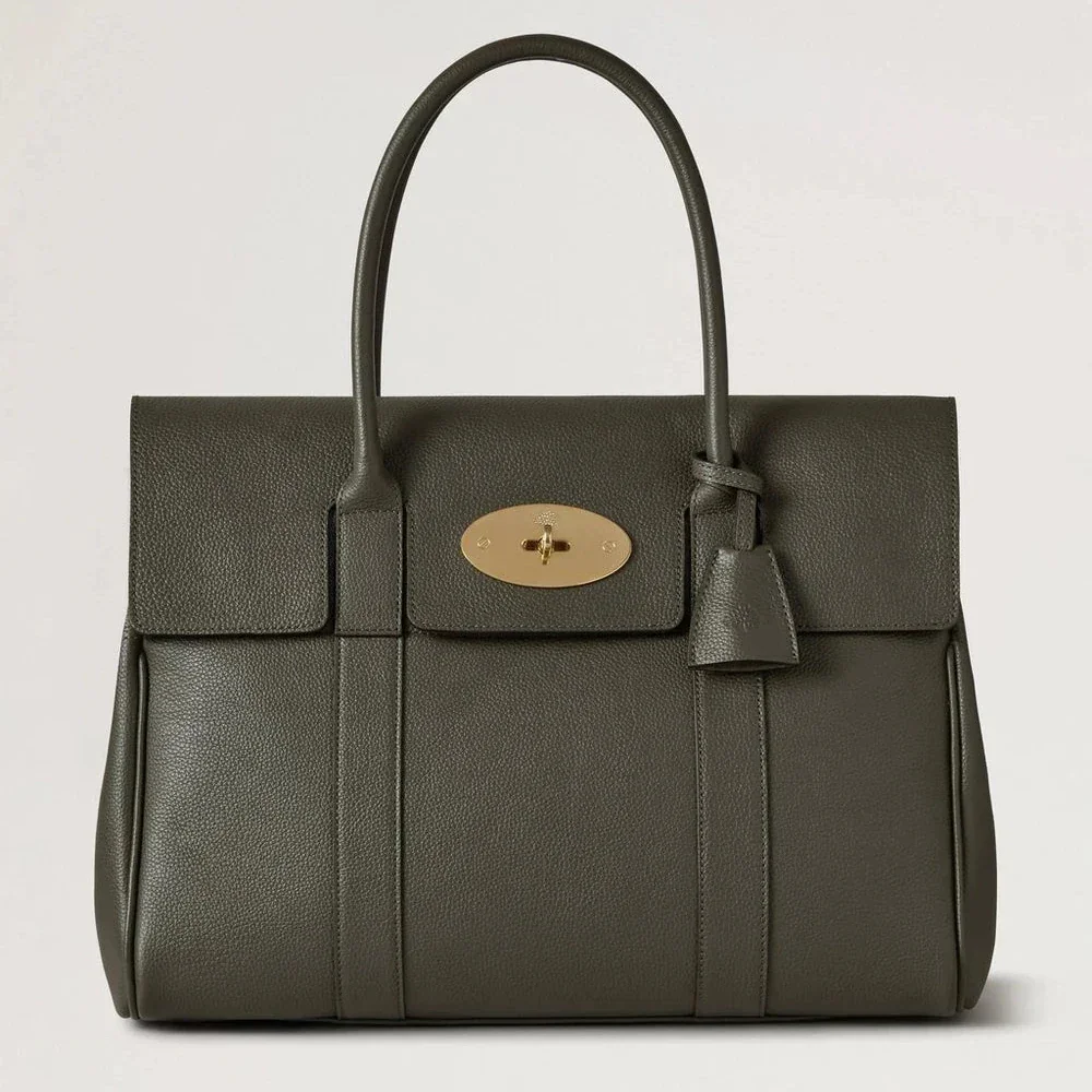 Mulberry Bayswater Juniper Green Small Classic Grain taske med struktureret skind og guldlås. Model HH2873205Q749