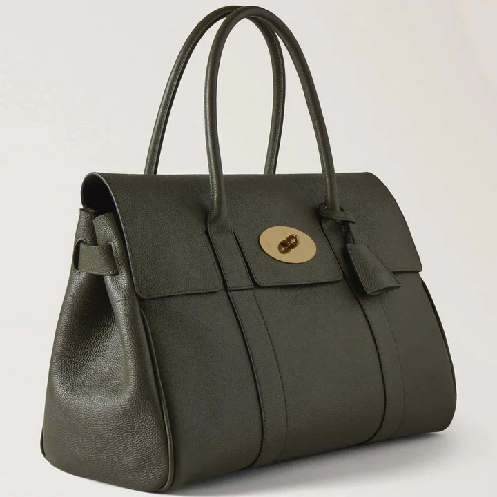 Mulberry Bayswater Juniper Green Small Classic Grain håndtaske i mørkegrøn læder med guldspænde. Model HH2873/205Q749