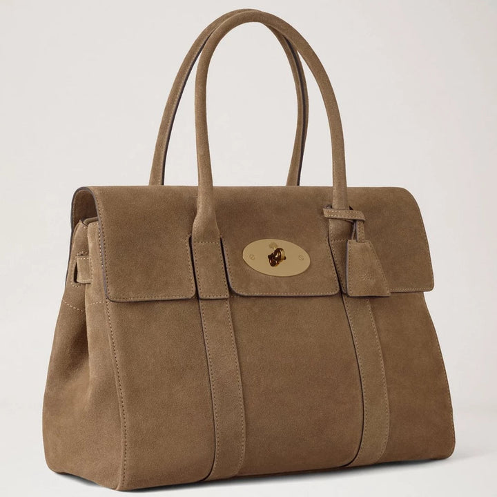 Mulberry Bayswater taske i brun ruskind, forside med gyldent spænde, model HH9882