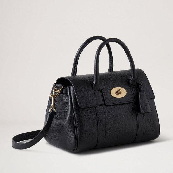 Mulberry Bayswater Satchel i sort Classic Grain, forside med guldspænde, lille størrelse, 25708
