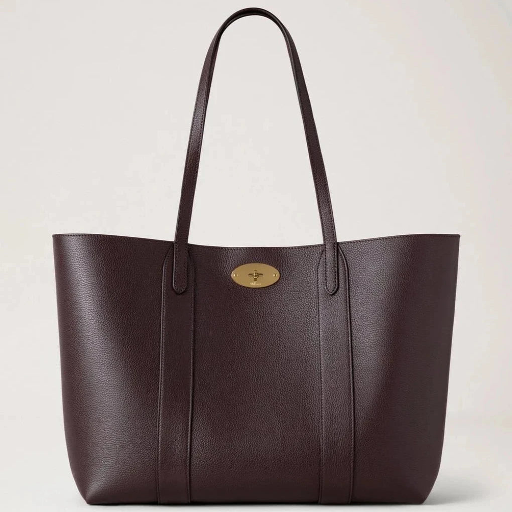 Mulberry Bayswater mørkebrun læder shopper taske forside med gyldent logo og lange hanke