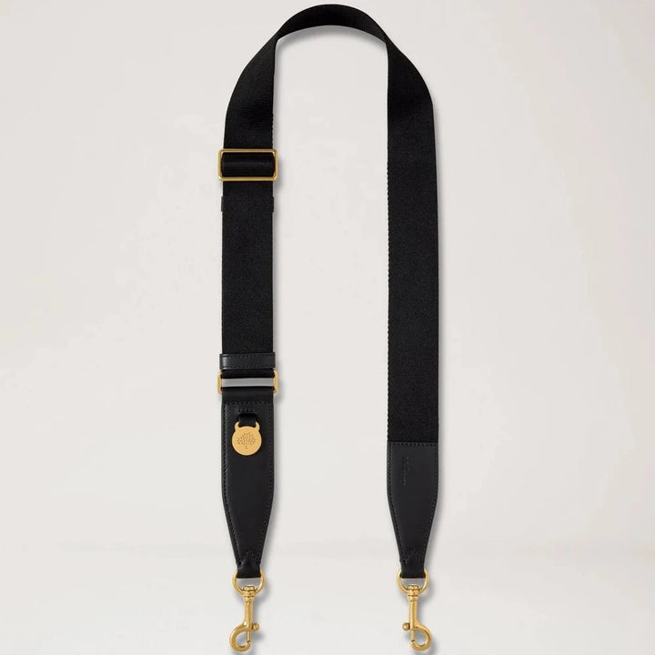 Mulberry Black Medallion Flat Leather and Webbing Strap i sort læder og stof med guldfarvede detaljer. Model RX0310000A100