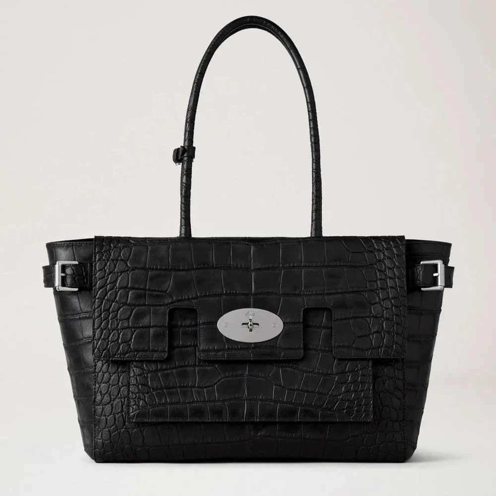 Mulberry Buckle Bayswater NVT Croc, sort skuldertaske i krokodillepræget læder med sølvspænde. Model HH9957741A100