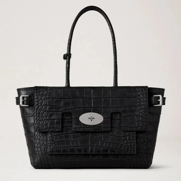 Mulberry Buckle Bayswater NVT Croc, sort skuldertaske i krokodillepræget læder med sølvspænde. Model HH9957741A100