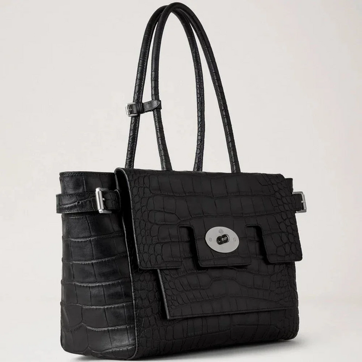 Mulberry Buckle Bayswater NVT Croc vises i sort præget læder med sølvfarvet spænde. Model HH9957741A100.