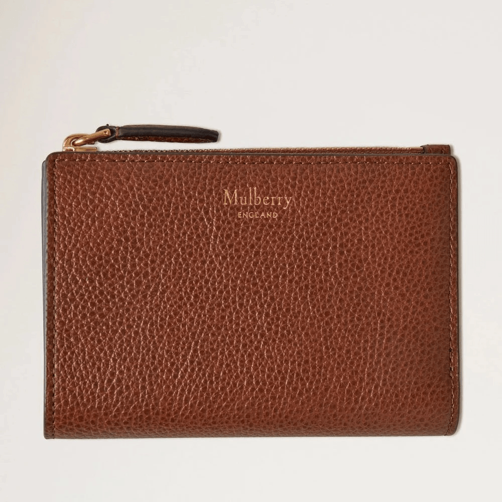 Mulberry Continental Bifold Zipped Wallet oak two-tone small classic grain i brunt læder med lynlåsdetalje. Model rl8282552g110