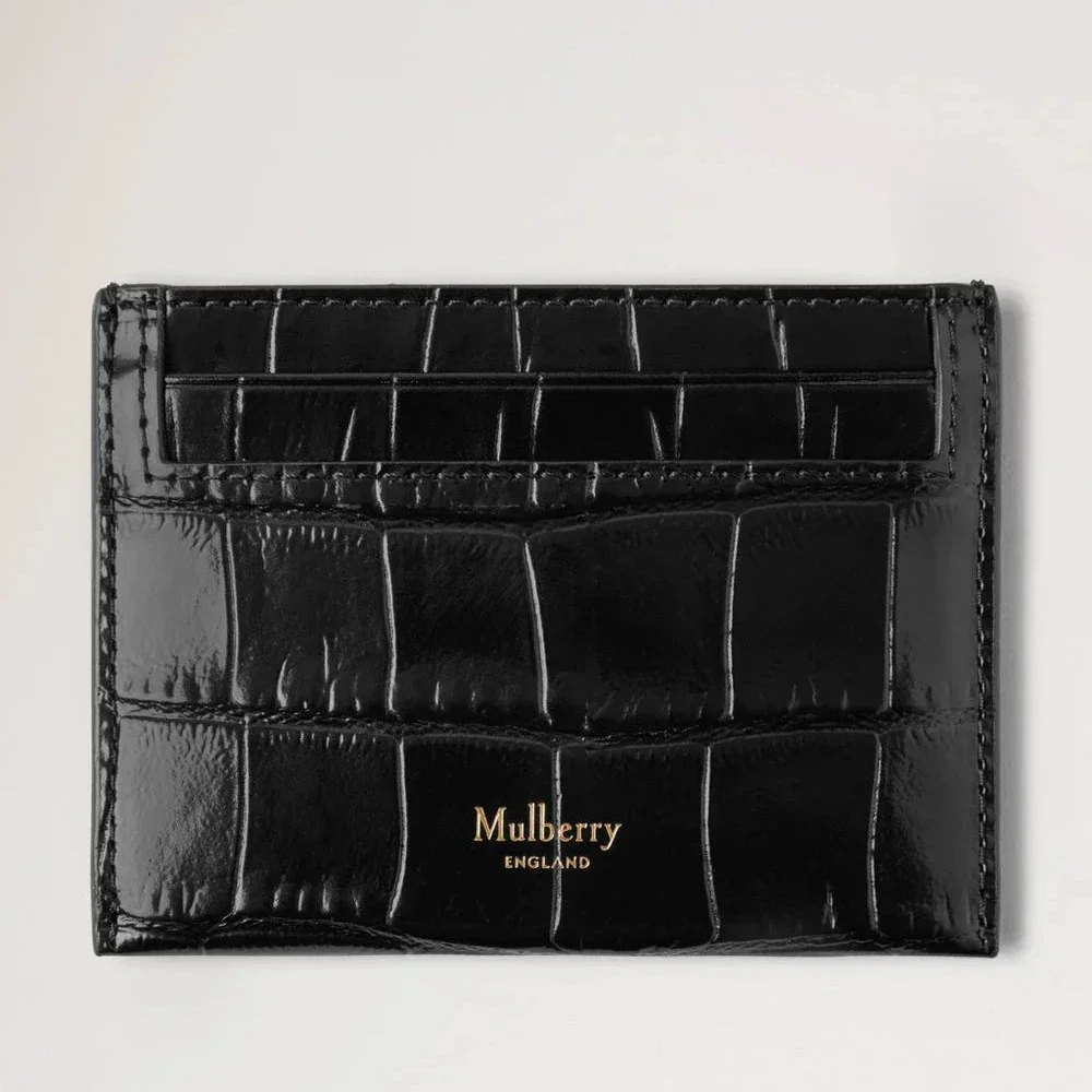 Mulberry Credit Card Slip Black Shiny Small Croc viser forside i sort skinnende læder med krokodillestruktur. Model RL8748641A100.