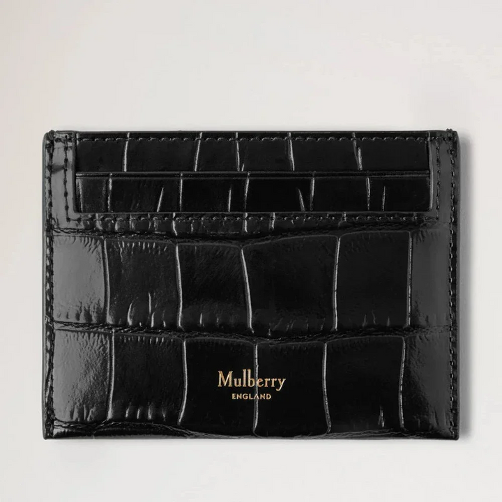 Mulberry Credit Card Slip Black Shiny Small Croc viser forside i sort skinnende læder med krokodillestruktur. Model RL8748641A100.
