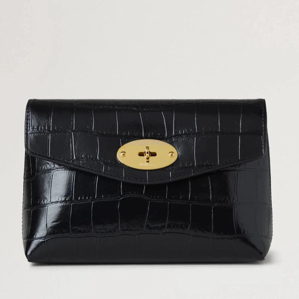 Mulberry Darley Cosmetic Pouch Black Shiny Small Croc med krokodillepræget læder og gyldent spænde, Model RL8187641A100