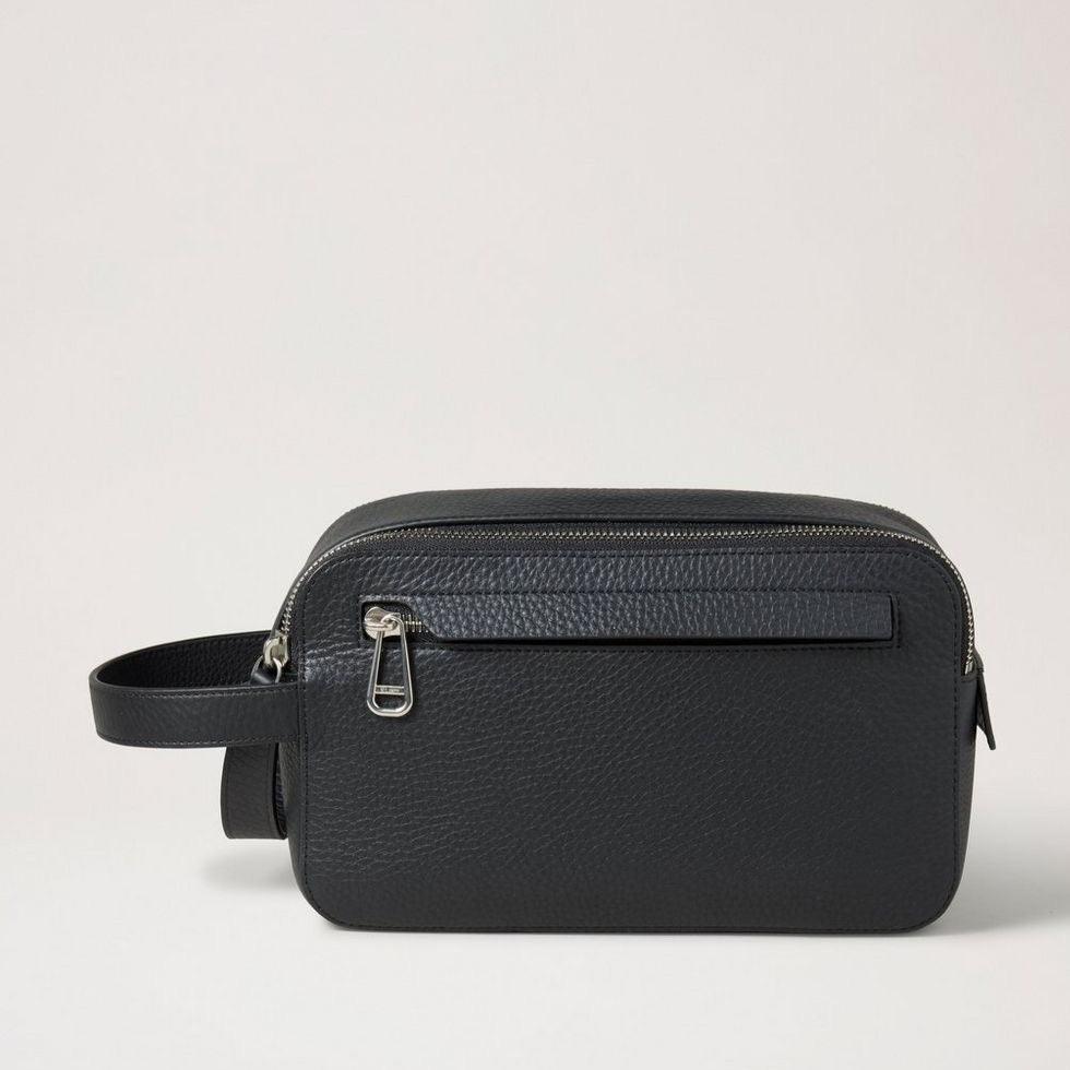Mulberry Double Zip Wash Case, sort heavy grain læder med sølvlynlås og sideløkke. Model RL7308736A100