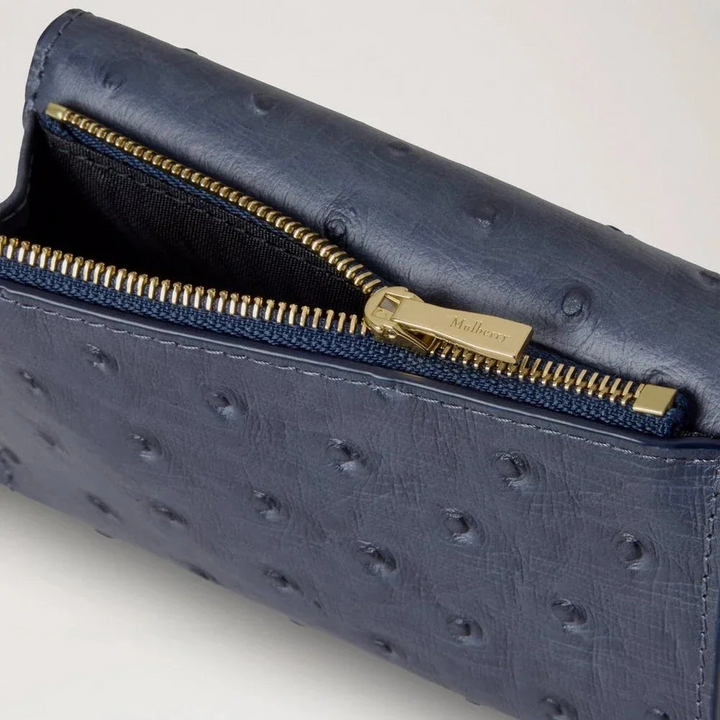 Mulberry Folded Multicard Wallet Ostrich Stormy Blue i præget læder med lynlåslomme, model RL8946738U918.