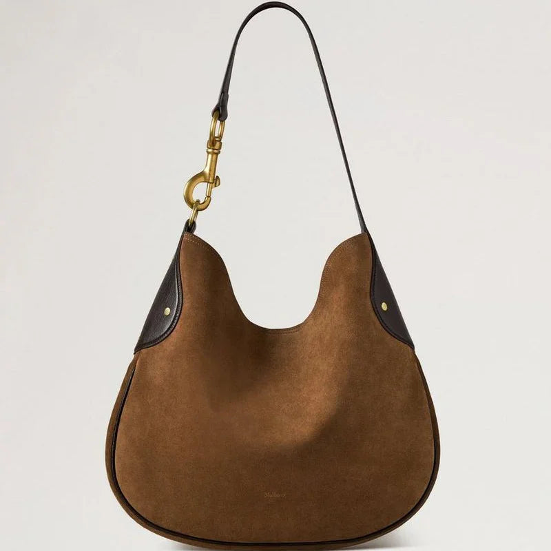 Mulberry Hackney Shoulder Bag vintage oak suede med afrundet form, mørke detaljer og gyldent beslag. Model hh9956047g924