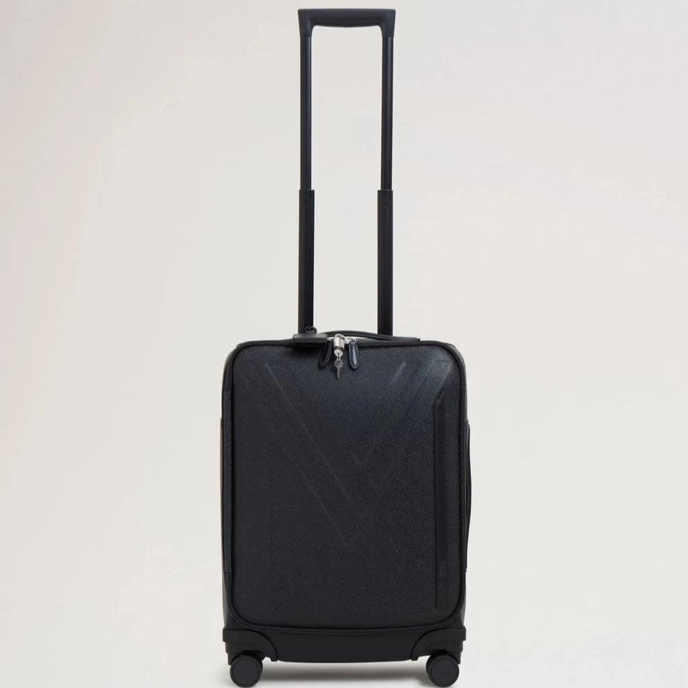Mulberry Heritage 4 Wheel Suitecase Eco Scotchgrain i sort, vist forfra med udtrækkeligt håndtag. Model HL5158127A100.