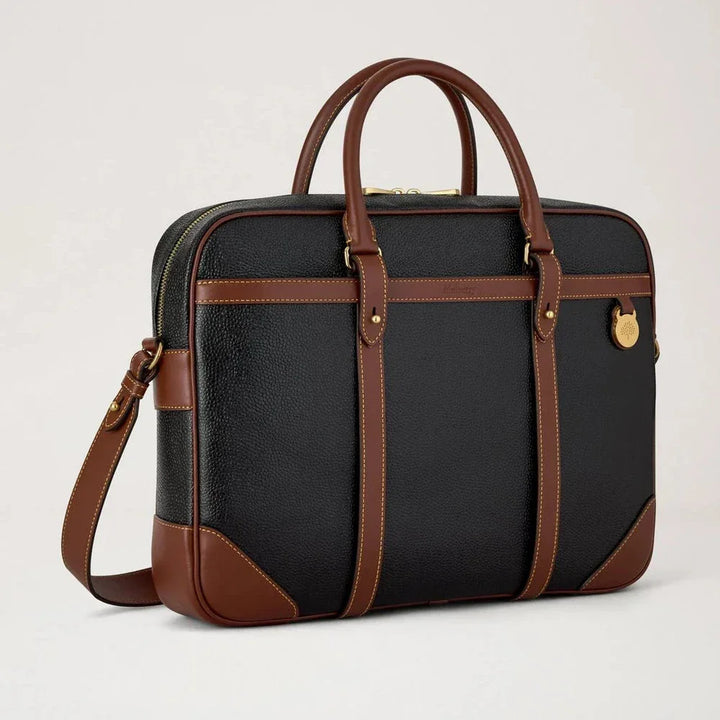 Mulberry Heritage Briefcase black og cognac bio-based scotchgrain med håndtag og rem, Model HB5130127A340.