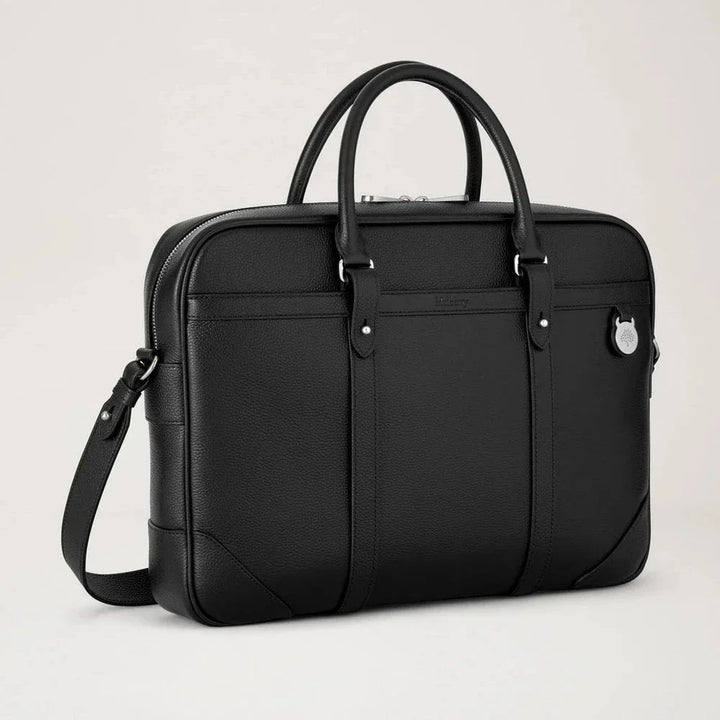 Mulberry Heritage Briefcase Black Small Classic Grain i sort læder med hank og aftagelig skulderrem. Model hb5131205a100