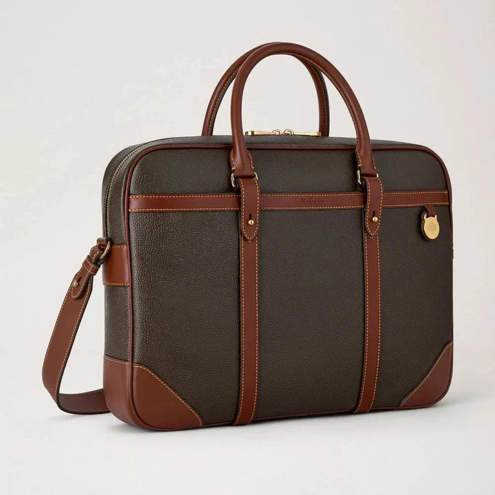 Mulberry Heritage Briefcase Scotchgrain Mole & Cognac, klassisk computertaske i mørkbrun og cognacfarvet læder med håndtag og aftagelig skulderrem. Model HB5130127Q330.