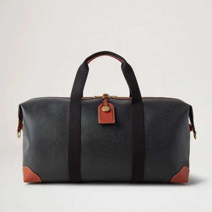 Mulberry Heritage Medium Clipper i sort og cognac scotchgrain med læderdetaljer forfra. Model HL5136127A340